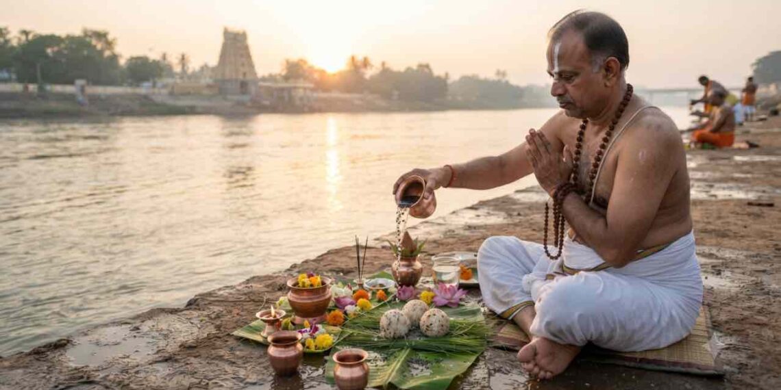 A man performing Pinda Pradana and Tarpanam rituals by a riverbank during sunrise, with a temple visible in the background.