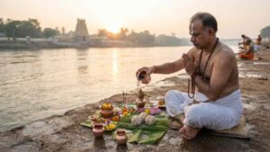 A man performing Pinda Pradana and Tarpanam rituals by a riverbank during sunrise, with a temple visible in the background.