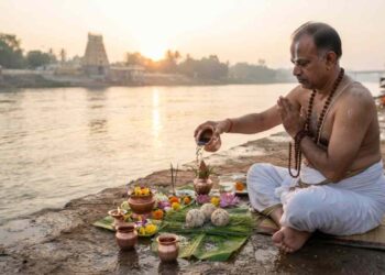 A man performing Pinda Pradana and Tarpanam rituals by a riverbank during sunrise, with a temple visible in the background.