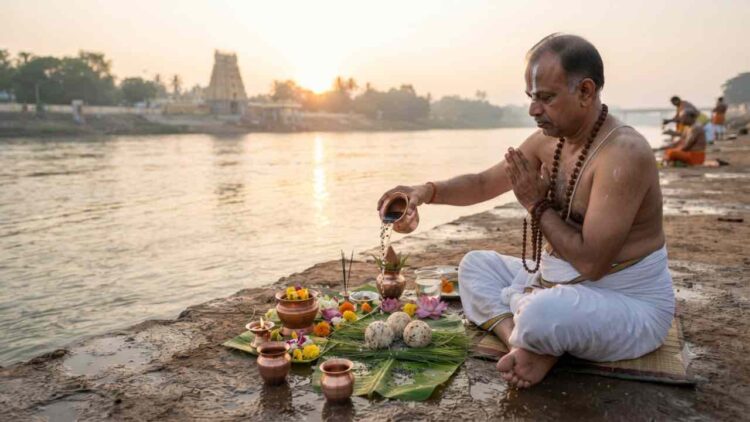 A man performing Pinda Pradana and Tarpanam rituals by a riverbank during sunrise, with a temple visible in the background.