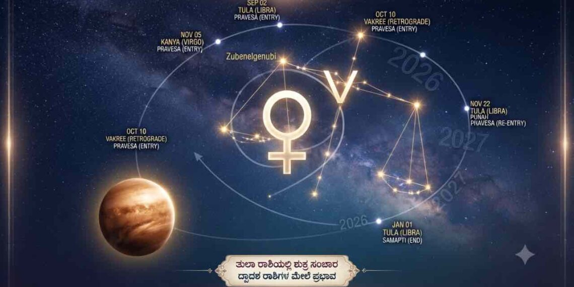 Astrological transit of planet Venus in Libra (Tula Rashi) showing planetary movements and zodiac effects for 2026-2027.