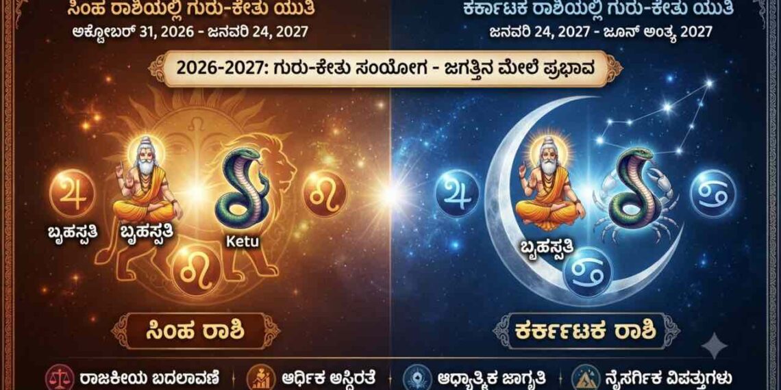 Astrology illustration showing Guru and Ketu conjunction in Leo and Cancer signs for 2026 and 2027, highlighting global impacts.
