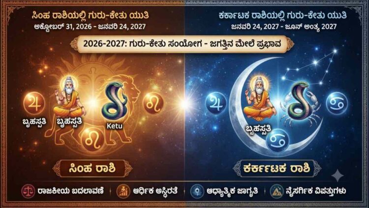 Astrology illustration showing Guru and Ketu conjunction in Leo and Cancer signs for 2026 and 2027, highlighting global impacts.